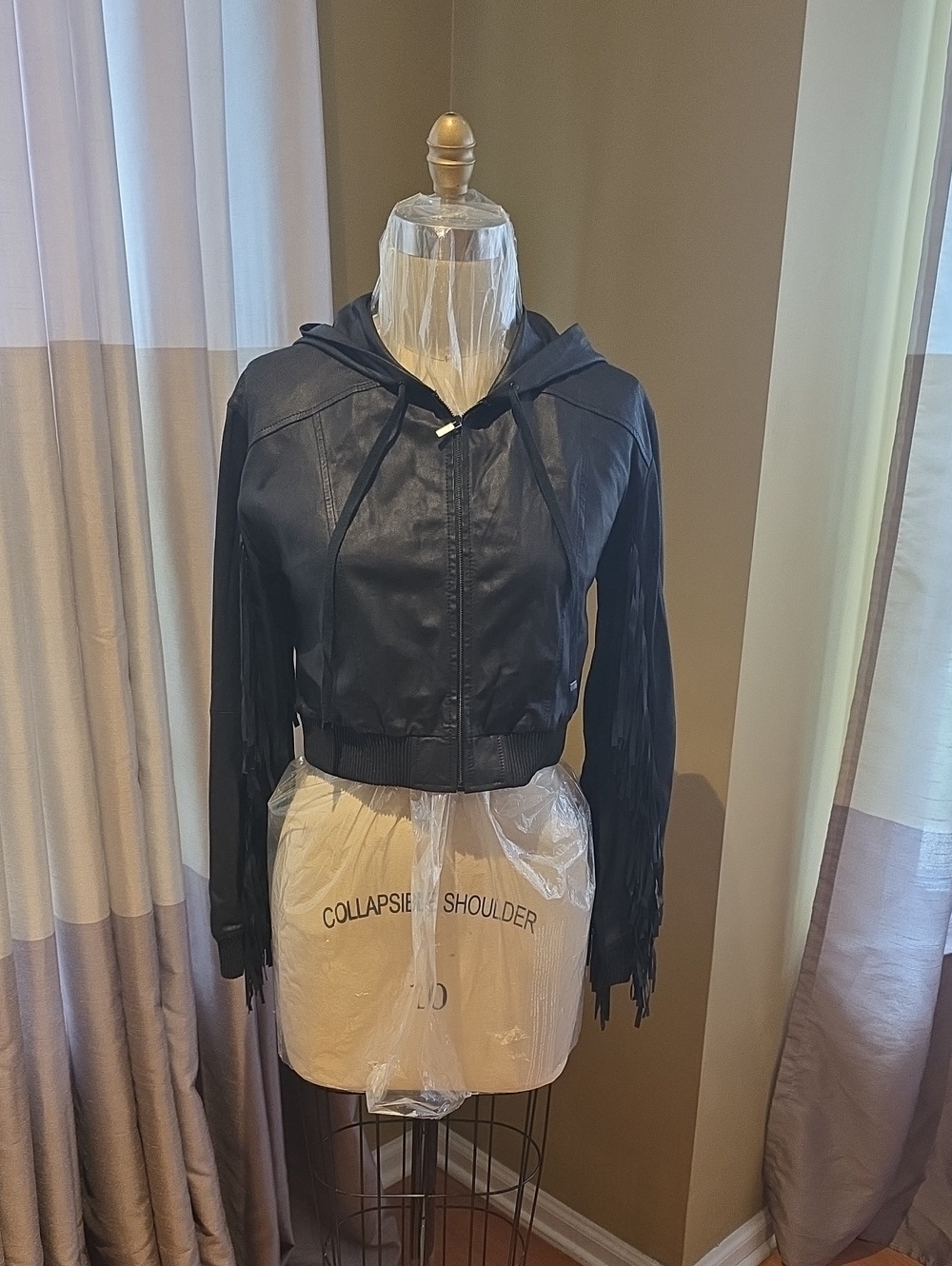 Elizabeth and James Black Hooded Leather Fringe Jacket Sz XS